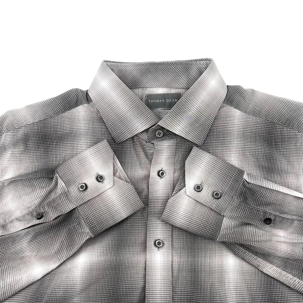 Thomas Dean Men's Shirt L Black Gray Gradient Plaid Long Sleeve Button Front‎